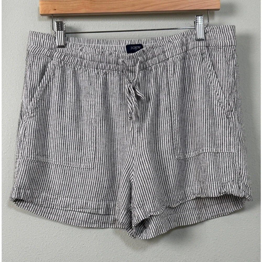 J. Crew Linen Blend Drawstring Striped Shorts Black White AX924 Size M Nautical